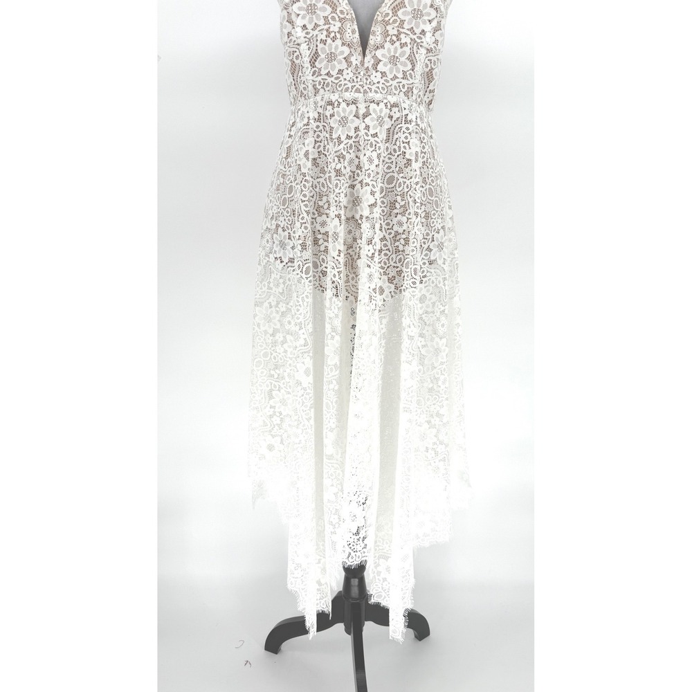 For‎ Love and Lemons White Lace Midi Dress Deep V Neck Size M Sheer Fairy Bride - Picture 3 of 16